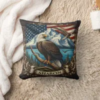 Bald Eagle With Mountains and Flag Throw Pillow