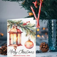 Christmas Lantern with Pine Branch Holly Berries Card