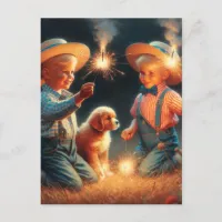 Little Boys Playing with Firework Fourth of July Postcard