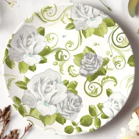 Chic White Roses Floral Pattern Paper Plates