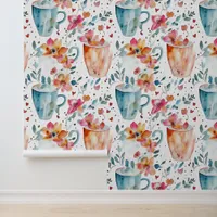 Whimsical Watercolor Coffee Cups and Flowers Wallpaper