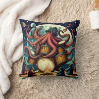 Octopus Playing Drums by the Moonlit Shore Throw Pillow