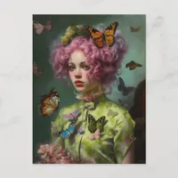 Purple Hair Green Shirt Ivy and Butterfly Woman Postcard