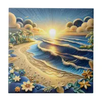 Ocean View Tropical Paper Quilling Effect  Ceramic Tile