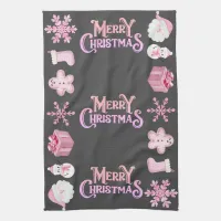 Pink Merry Christmas + Icons on Charcoal | Kitchen Towel