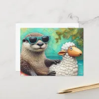 Cute Otter in a Floating Sheep Floatie on a River  Postcard