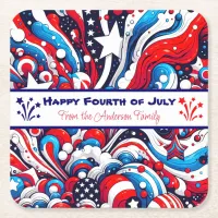 Red, White and Blue Patriotic Personalized Square Paper Coaster