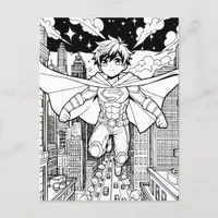 Anime Superhero Boy | Coloring Page Postcard