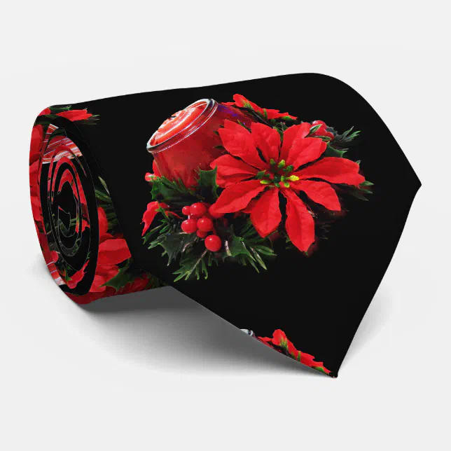 Festive Red Christmas Candle, Holly and Poinsettia Tie