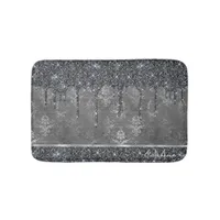 Monogram Silver Metallic Black Glitter Grey Damask Bath Mat