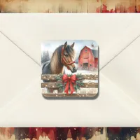 Festive Horse and Red Rustic Barn Christmas Square Sticker