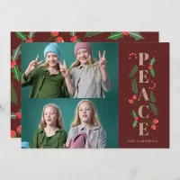 Red Pine Holly Berries Gold Peace Multiple Photo Holiday Card