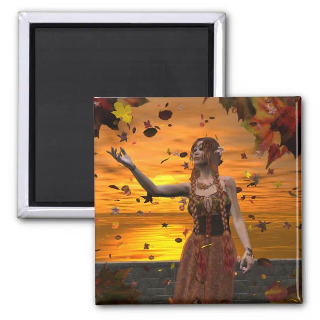 Elf in Falling Leaves Against an Autumn Sunset Magnet