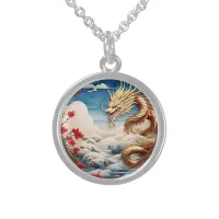 Fire breathing dragon red blue and gold scales sterling silver necklace