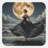 Ocean Dance Under the Moon Woman in Black Dress Square Sticker