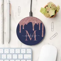 Navy Blue Rose Gold Glitter Drips Sparkle Monogram Wireless Charger