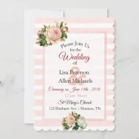 Blush Rose Pink Striped Floral Wedding Invitation