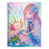 Pastel Anime Girl and an Axolotl Personalized Notebook