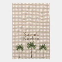 Personalized Gingham Check | Green Palm Trees Kitchen Towel