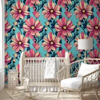 Pink and Blue Large Flowers Pattern Wallpaper