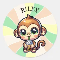 Cute Kawaii Monkey with Bubble Tea Personalized Classic Round Sticker