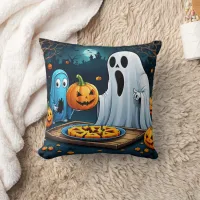 Ghosts carving pumpkins on Halloween Throw Pillow