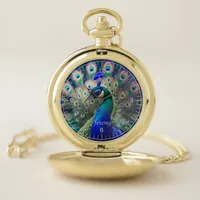 Gorgeous peacock with teal and gold plumage pocket watch