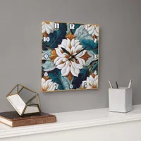 Elegant White Flowers With Teal Leaves in Bloom Square Wall Clock