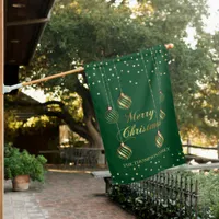 Modern Gold Script Confetti Green Family Christmas House Flag