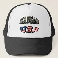 Kansas Picture and USA Flag Font Trucker Hat