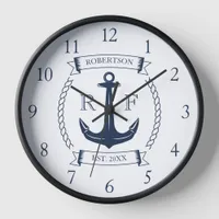 Nautical Anchor Monogram Family Name Clock