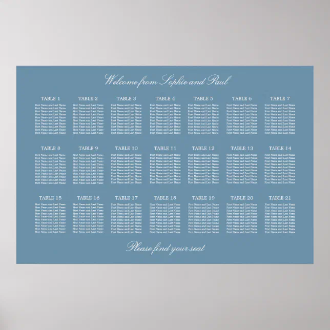 Dusty Blue 21 Table Wedding Seating Chart Poster