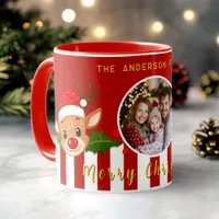 Christmas Cute Santa Reindeer & Holly Family Photo Mug