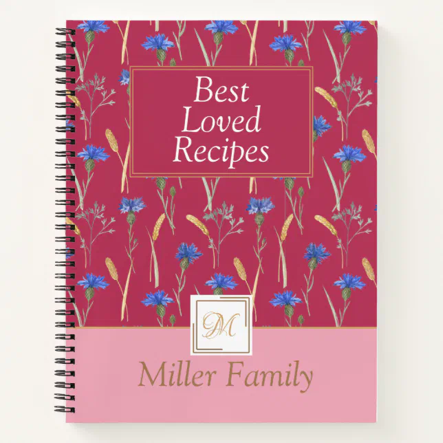 Red Floral Wildflower Mongoram Recipe Notebook