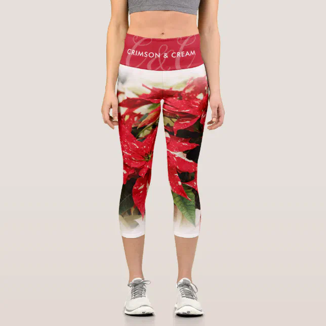 Festive Red White Floral Poinsettias Capri Leggings