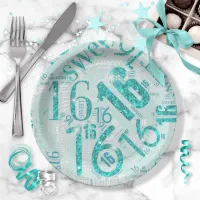 Sweet Sixteen Sparkle Word Cloud Teal ID265 Paper Plates