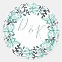 Watercolor Leaves Monogram Wedding Classic Round Sticker