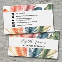 Colorful Watercolor Feathers Black Script Name  Business Card