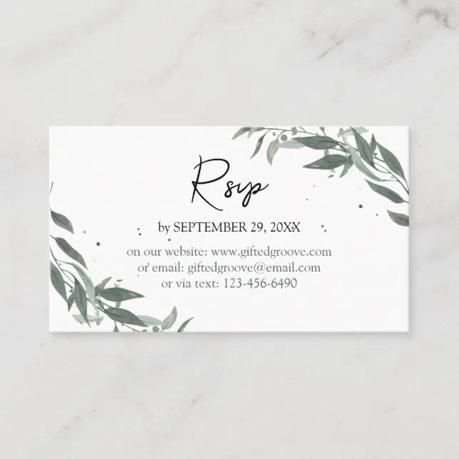 Simple Eucalyptus Greenery Navy Blue and Gold RSVP Business Card