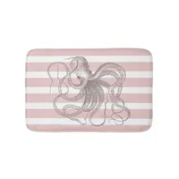 Nautical Vintage Octopus on Coastal Pink Stripes Bath Mat