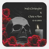 Spooky Skull and Red Roses Gothic Halloween Weddin Square Sticker