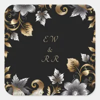 Elegant Black and Gold Floral Wedding  Square Sticker