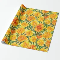 Watercolor Yellow and Orange Marigold Type Flowers Wrapping Paper