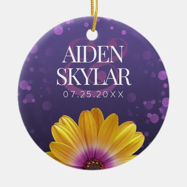 Elegant Golden Daisies with Purple Glitter Wedding Ceramic Ornament