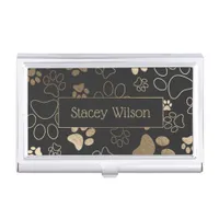 Charcoal And Gold Paw Print Pattern Business Card Case