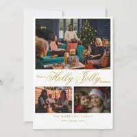 Chic Gold Confetti Holiday Card | Modern 3-Photo