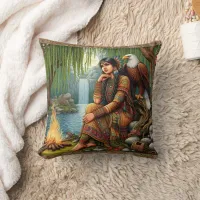 Native American Woman Sitting by Fire With Eagle Throw Pillow