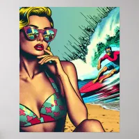 Pretty Blonde Retro Woman and Surfer Guy Poster