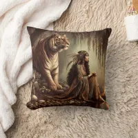 Native American Woman Sitting With Tiger By River Throw Pillow