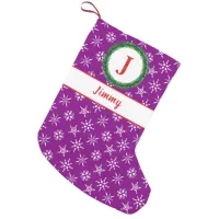 Wreath Monogram Your Name Purple White Snowflakes Small Christmas Stocking